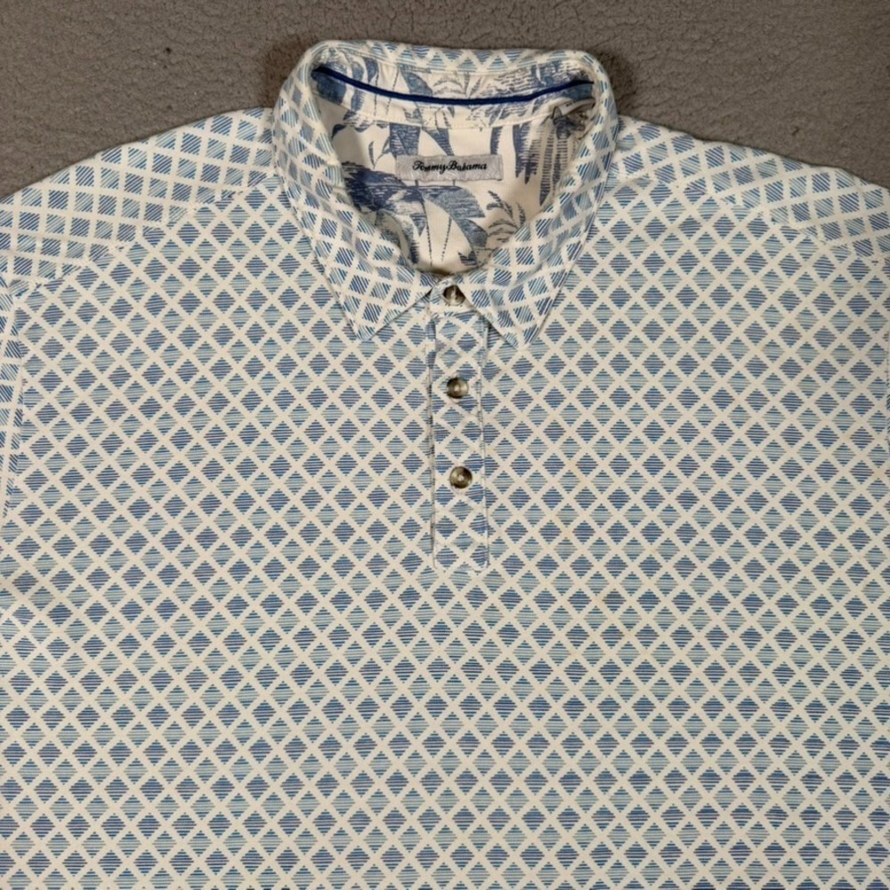 Tommy Bahama ShirtMens XXL Blue Geometric Performance Golf Polo Cotton Blend